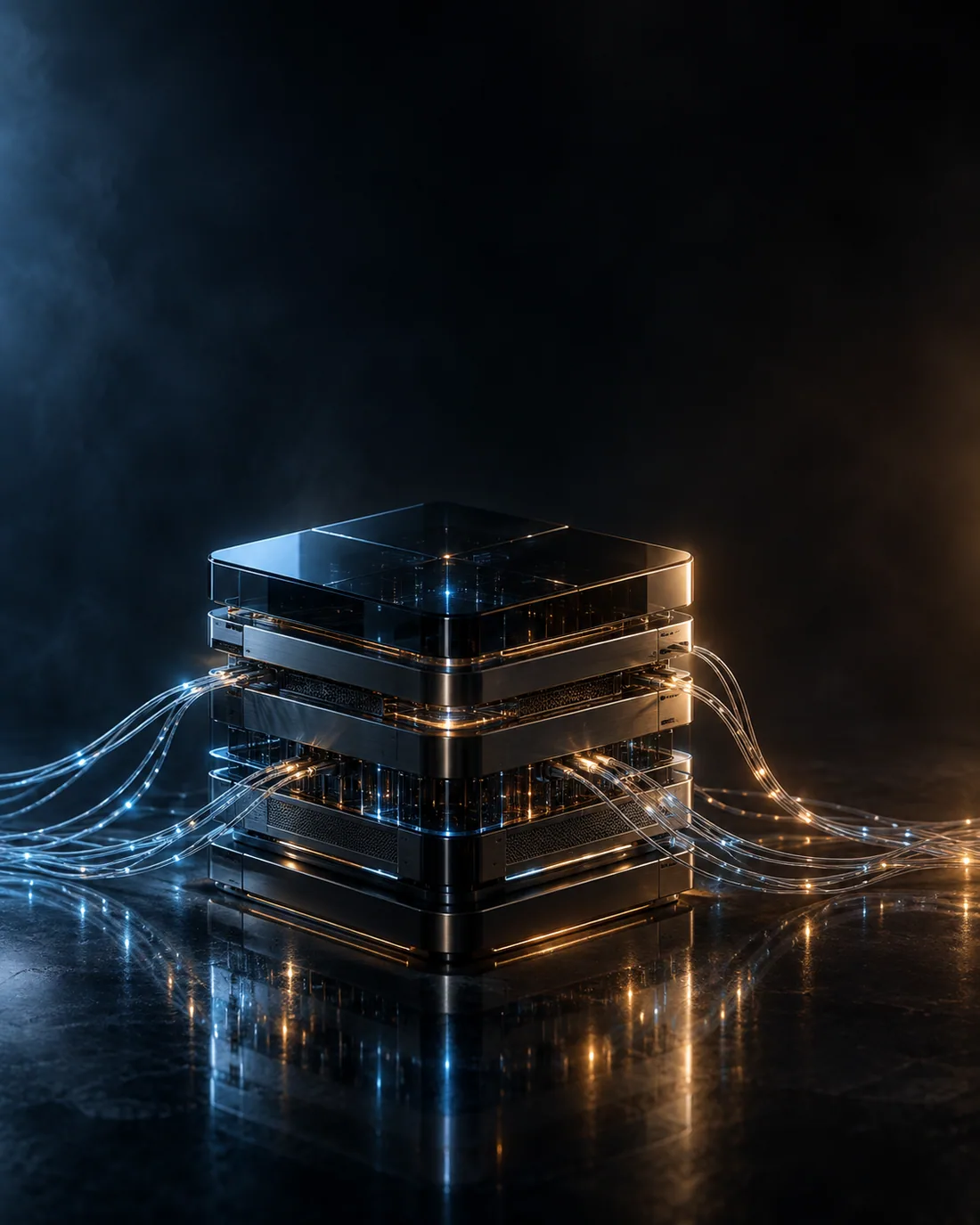 Sculptural black-glass computing core connected by blue and amber optical fibers